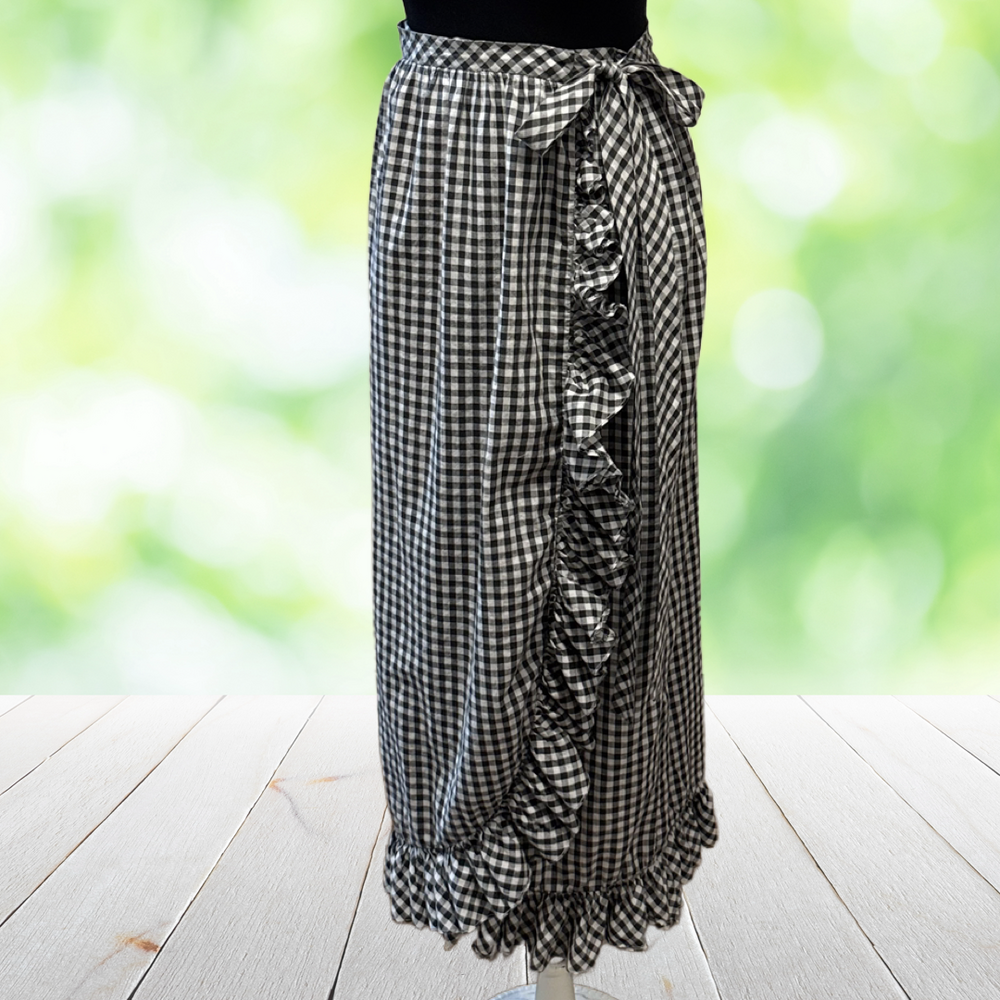 Vintage 60s MARY QUANT Penneys Maxi Wrap Skirt Gingham Ruffle Prairie Black Sz S - Picture 14 of 15